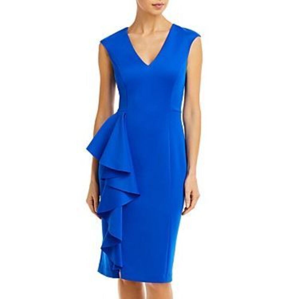 NWT Eliza J Asymmetric Ruffle Sheath Dress Size 8 Stretch Royal Blue